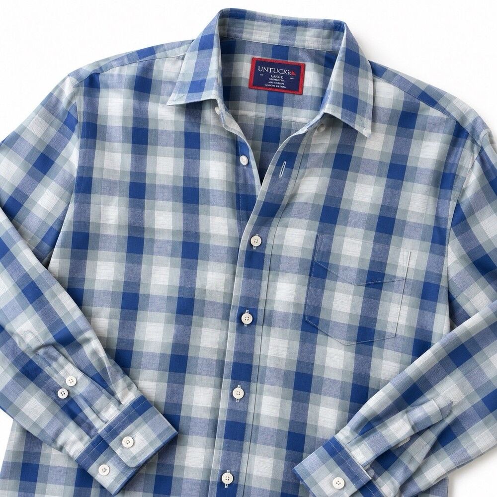 UNTUCKit Redaelli Wrinkle-Free Shirt Blue Gray Plaid 100% Cotton Men's L